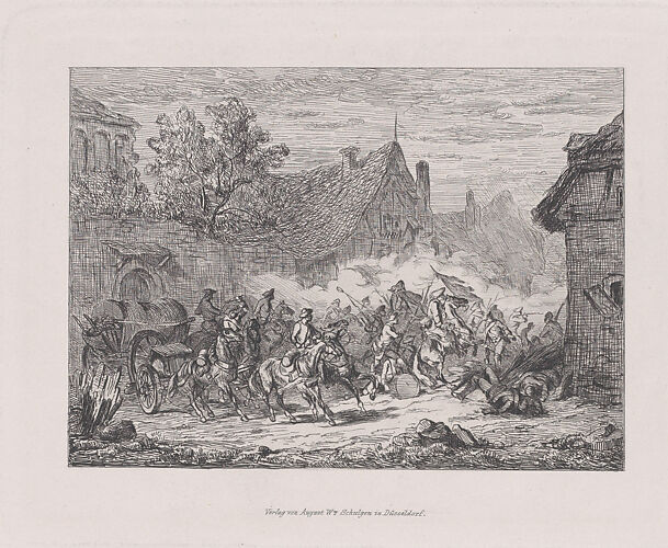 Military scene with a battle in a village