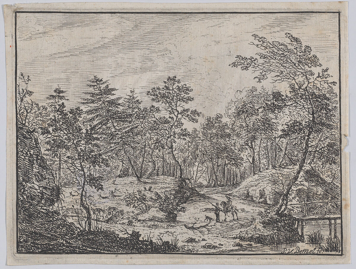 Forest landscape with a rider conversing with a man at center, a footbridge at right, Peter von Bemmel (German, Nuremberg 1685–1754 Regensburg), Etching 