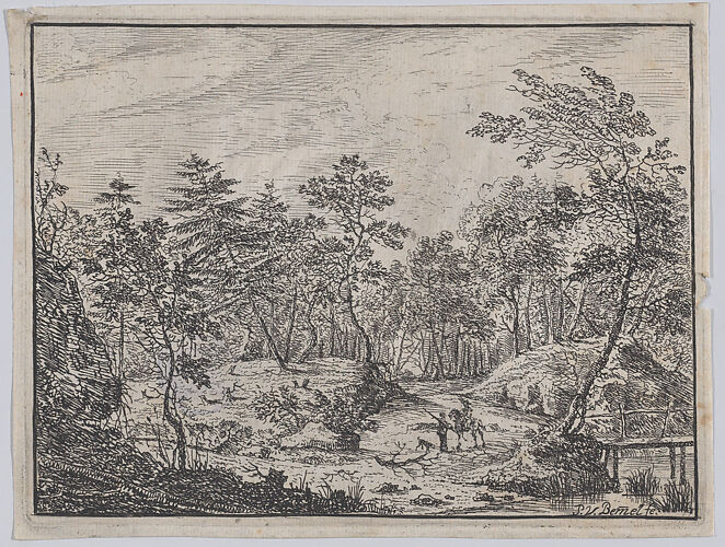 Forest landscape with a rider conversing with a man at center, a footbridge at right