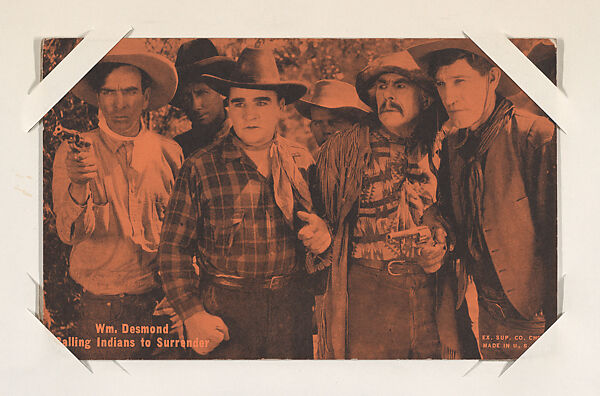 Wm. Desmond Calling Indians to Surrender from Western Stars or Scenes Exhibit Cards series (W412), Exhibit Supply Company, Commercial color photolithograph 