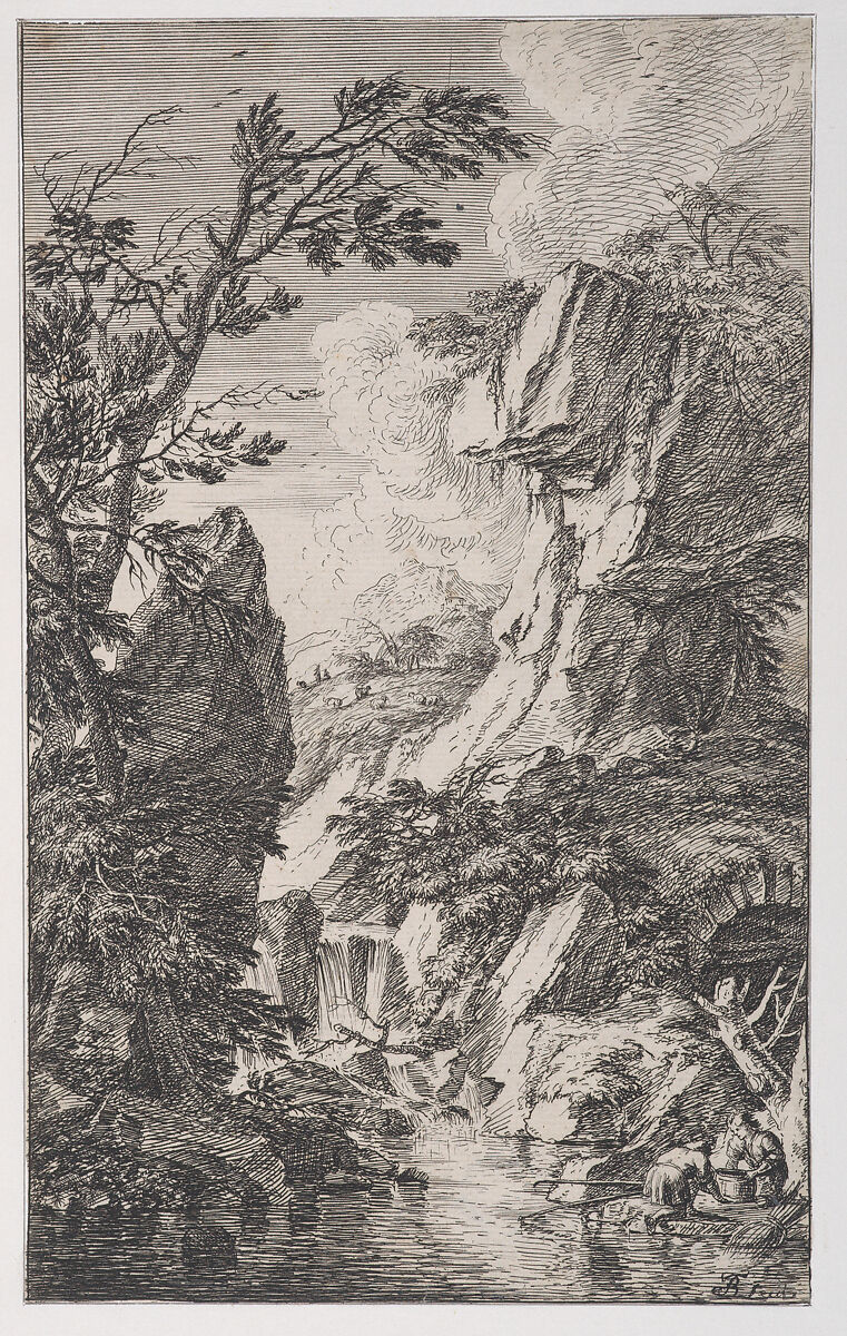 Plate 4: two fishermen on the bank of a stream at right, a waterfall at center, from 'Landscapes in the manner of Salvator Rosa' (Die Landschaften in Sal. Rosa's), Franz Joachim Beich (German, Ravensburg 1665–1745 Munich), Etching; second or third state of three 