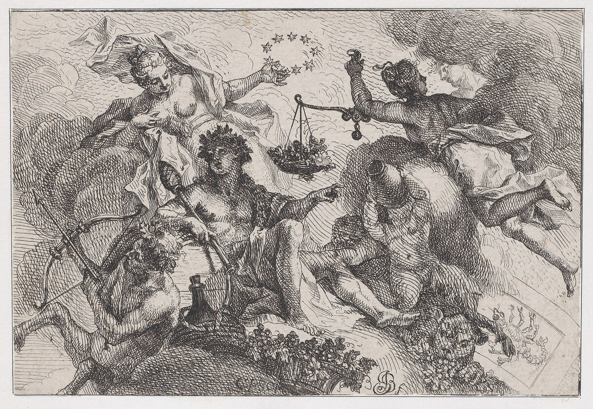 Summer: allegorical scene with figures seated on clouds with bunches of grapes, Johann Georg Bergmüller (German, Türkheim 1688–1762 Augsburg), Etching 