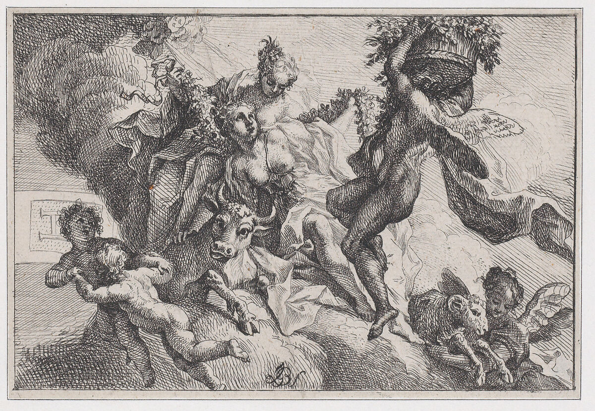 Autumn: allegorical scene with figures seated on clouds with a bull and ram, Johann Georg Bergmüller (German, Türkheim 1688–1762 Augsburg), Etching 