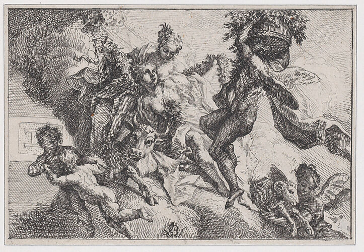 Autumn: allegorical scene with figures seated on clouds with a bull and ram