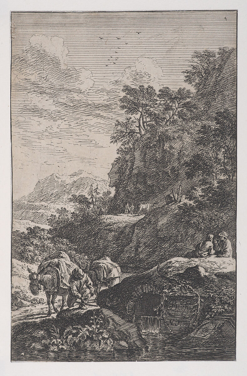 Plate 1: a peasant checking the hoof of his mule by a stream, from 'Landscapes in the manner of Salvator Rosa' (Die Landschaften in Sal. Rosa's), Franz Joachim Beich (German, Ravensburg 1665–1745 Munich), Etching 
