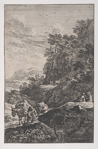 Plate 1: a peasant checking the hoof of his mule by a stream, from 'Landscapes in the manner of Salvator Rosa' (Die Landschaften in Sal. Rosa's)