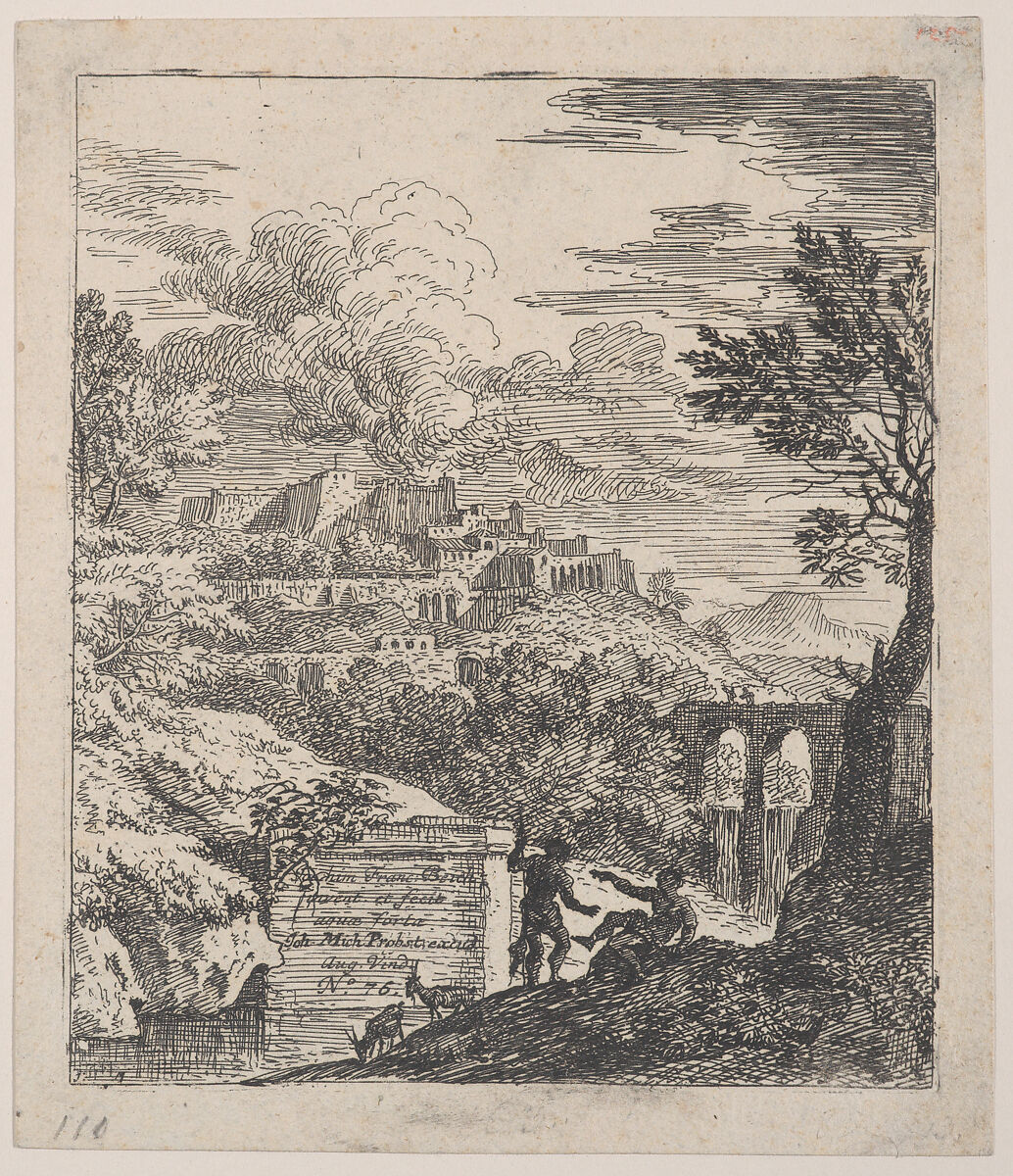 Two shepherds resting next to a pedestal, an aqueduct at right in the background, and a city on a hill at left in the background, from 'Landscapes in the manner of Gaspar Dughet', Franz Joachim Beich (German, Ravensburg 1665–1745 Munich), Etching; fourth state of four 