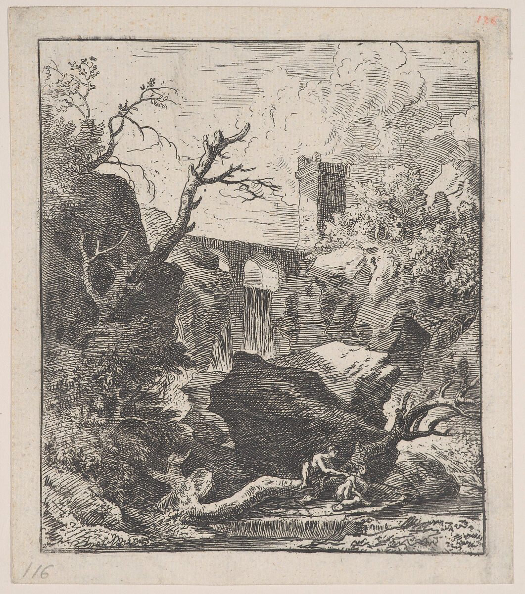 Plate 2: two figures sitting on a tree trunk on the bank of a stream in foreground, an aqueduct and tower in the background, from 'Landscapes in the manner of Gaspar Dughet', Franz Joachim Beich (German, Ravensburg 1665–1745 Munich), Etching; second state of two 