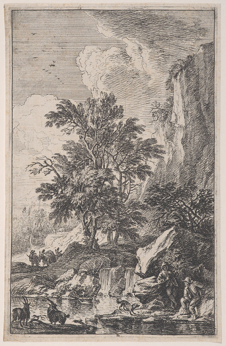 Plate 3: two goats on a lakeshore, two male figures and a dog at right, another peasant approaching with a mule at left in the background, from 'Landscapes in the manner of Salvator Rosa' (Die Landschaften in Sal. Rosa's), Franz Joachim Beich (German, Ravensburg 1665–1745 Munich), Etching; second state of three 