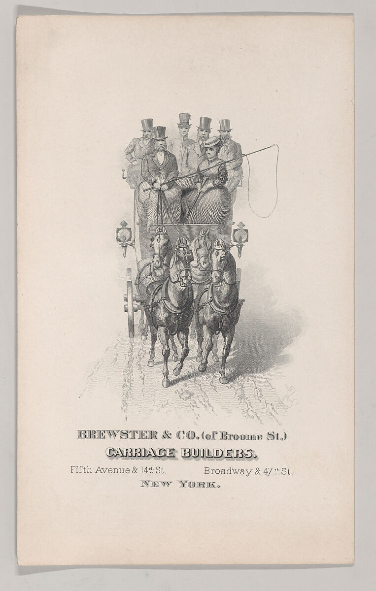Trade Card of Brewster & Co. of Broome Street; Carriage Builders, Tiffany &amp; Co. (1837–present), Lithograph 