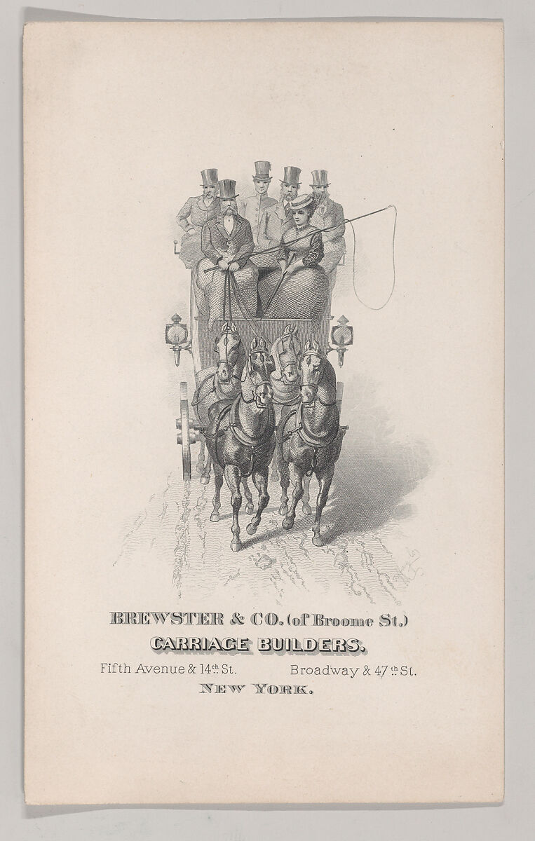 Trade Card of Brewster & Co. of Broome Street; Carriage Builders, Brewster &amp; Co. (American, New York), Lithograph 