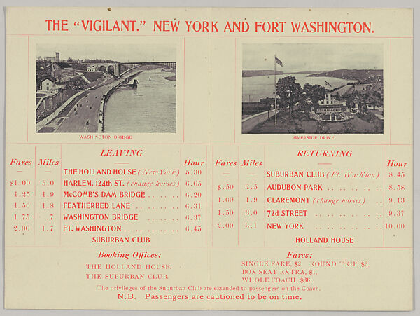 Fare and Time Table for the Vigilant Road Coach - New York and Fort Washington, Monday May 29-July 1, 1905, Brewster &amp; Co. (American, New York), Red ink