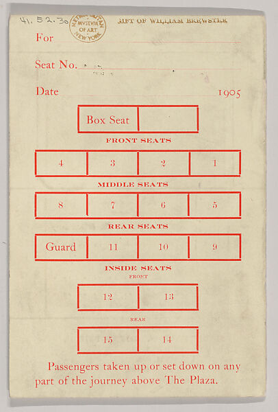 Fare and Time Table for the Vigilant Road Coach - New York and Fort Washington, Monday May 29-July 1, 1905, Brewster &amp; Co. (American, New York), Red ink