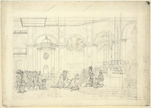 The Coronation, Jacques Louis David (French, Paris 1748–1825 Brussels), Graphite, with areas reworked in pen and black and brown ink 