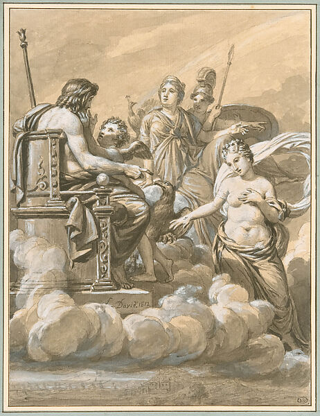 Venus, Wounded by Diomedes, Appeals to Jupiter, Jacques Louis David (French, Paris 1748–1825 Brussels), Pen and black ink, brush and gray wash, heightened with white, over black chalk 