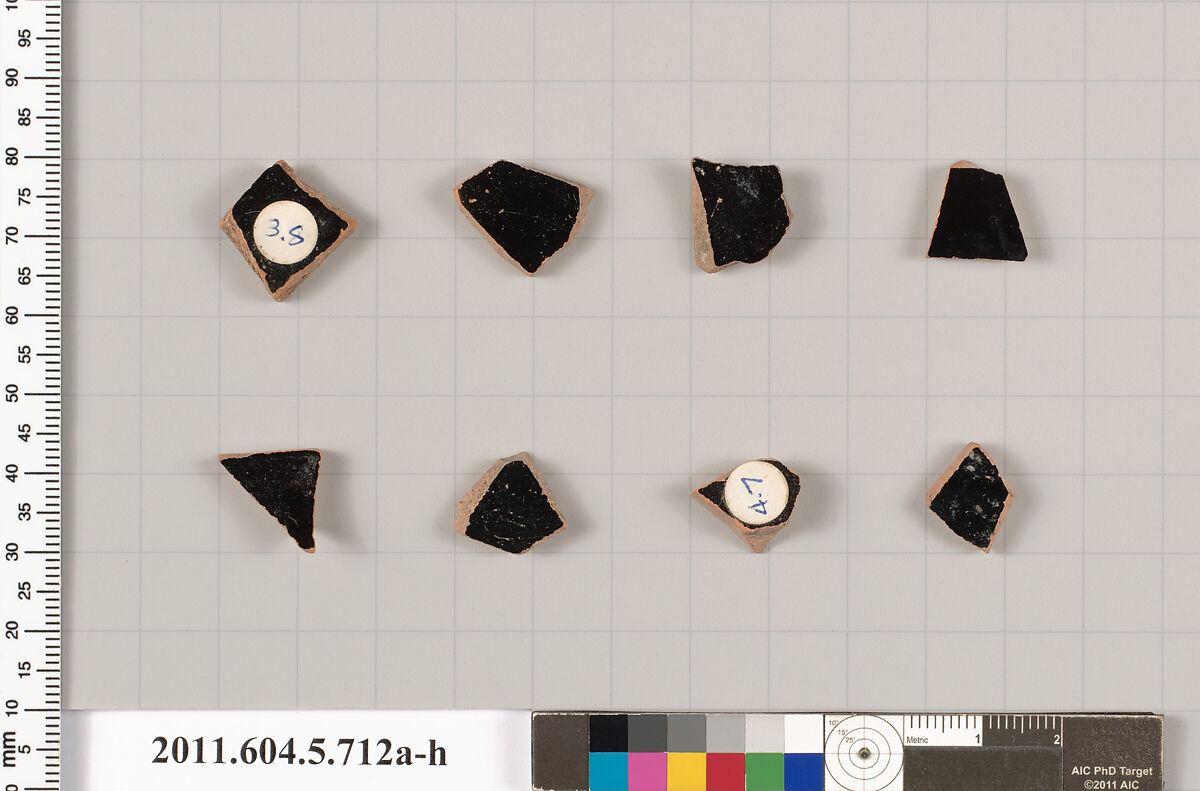 Terracotta fragments of kylikes (drinking cups), Terracotta, Greek, Attic 