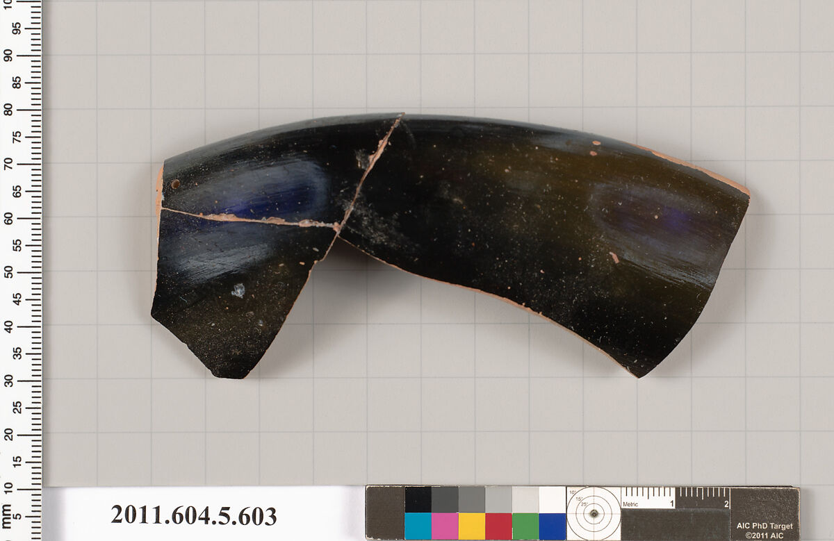 Terracotta rim fragment of a kylix (drinking cup), Terracotta, Greek, Attic 