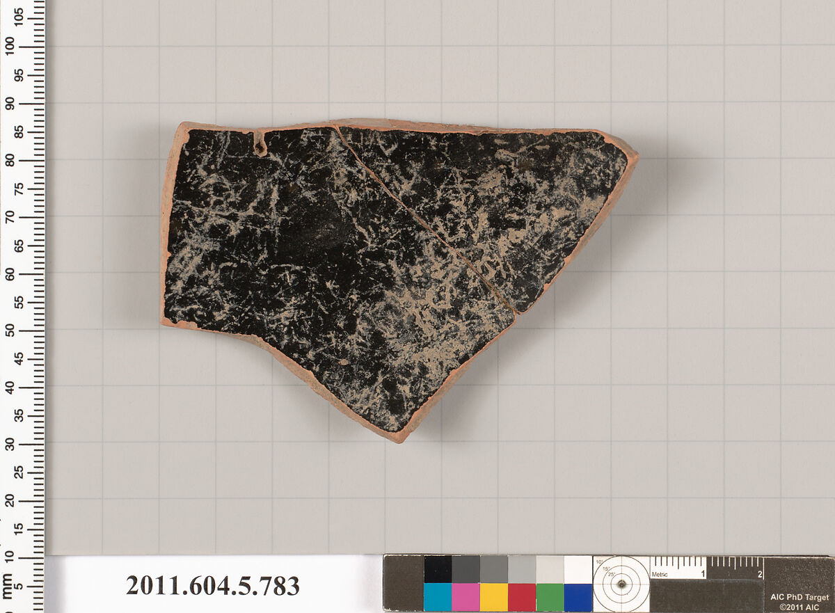 Terracotta fragment of a kylix (drinking cup), Terracotta, Greek, Attic 