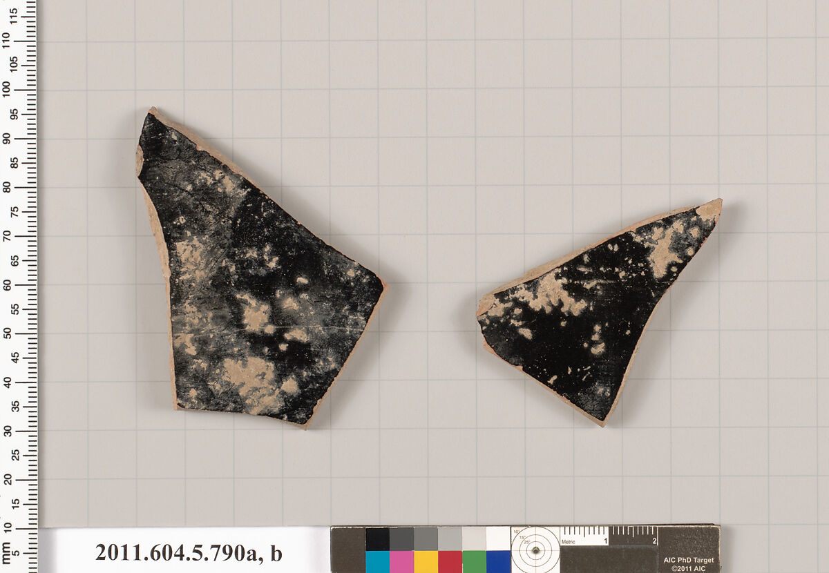 Terracotta fragments of a kylix (drinking cup), Terracotta, Greek, Attic 