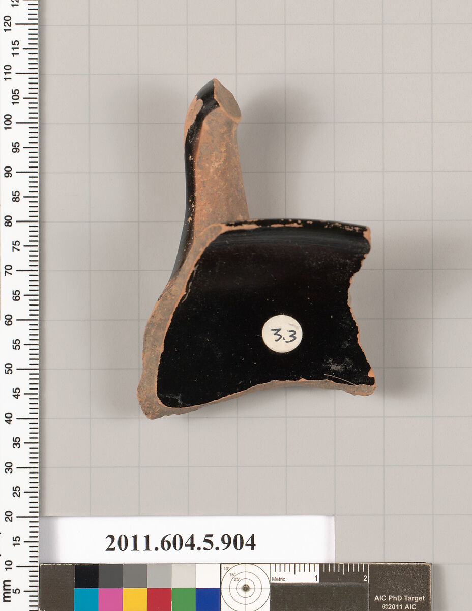 Terracotta rim fragment of a kylix (drinking cup), Terracotta, Greek, Attic