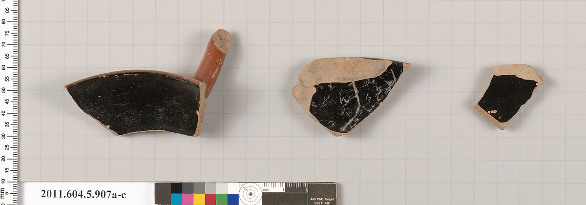 Terracotta fragments of a kylix (drinking cup), Terracotta, Greek, Attic