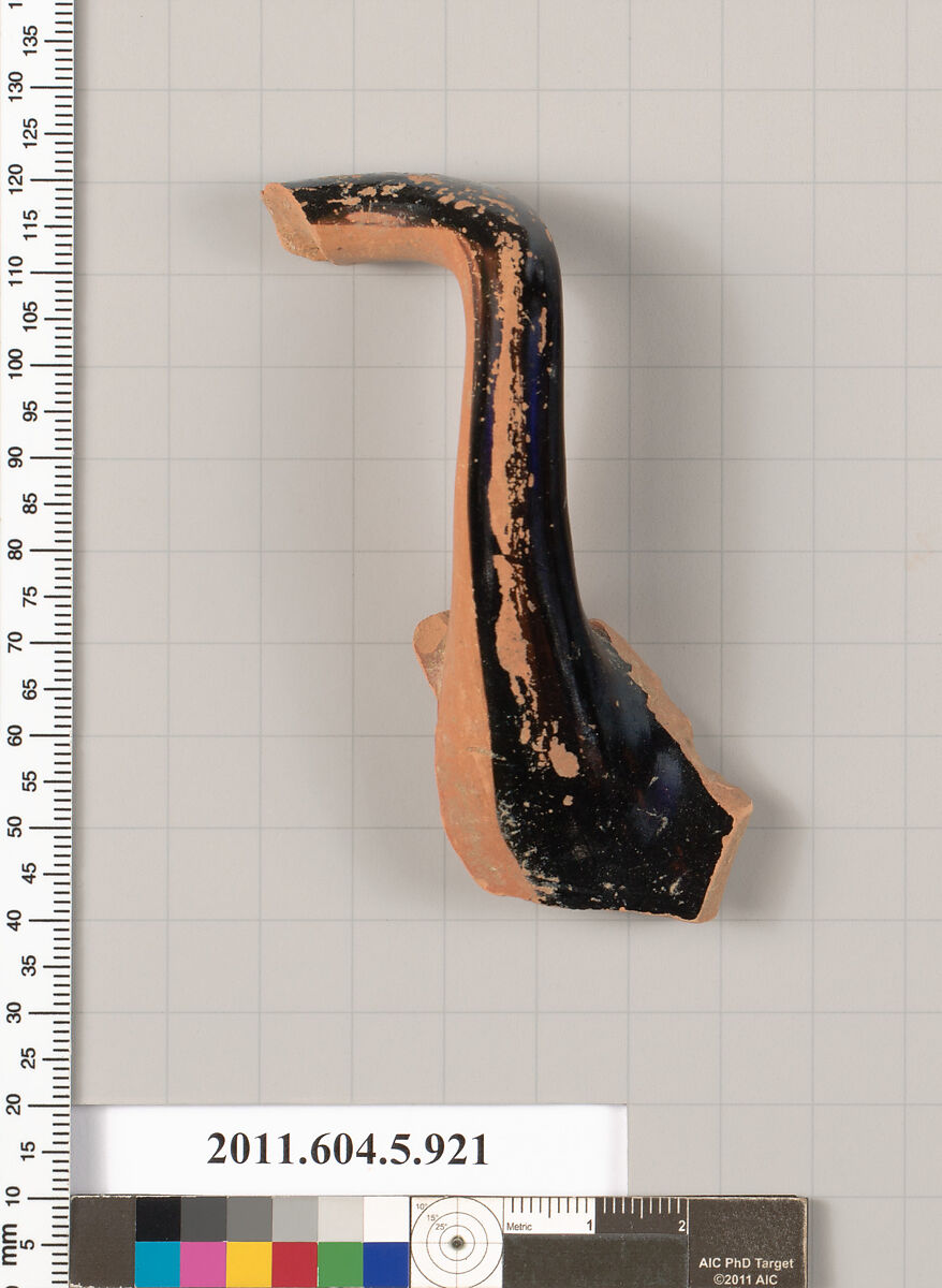 Terracotta fragment of a kylix (drinking cup), Terracotta, Greek, Attic 