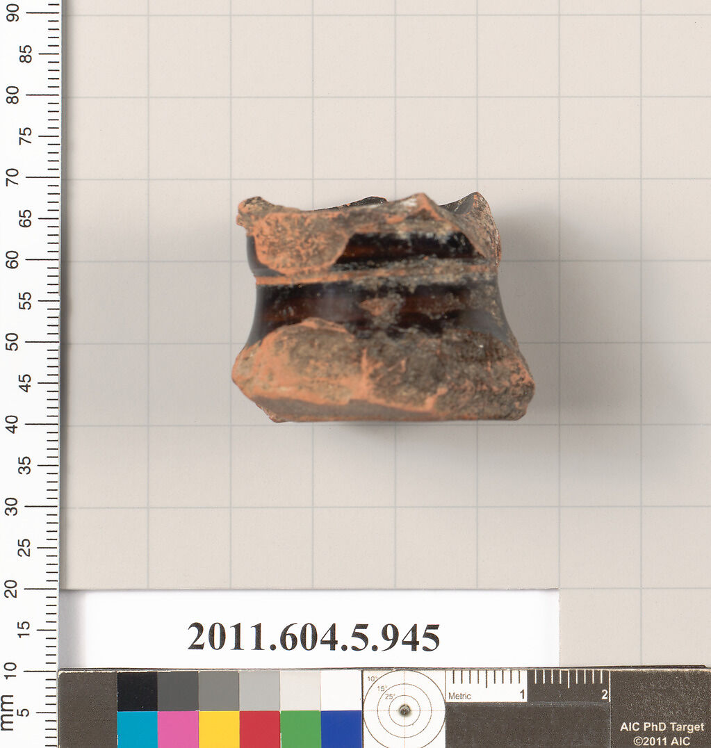 Terracotta fragment of a kylix (drinking cup), Terracotta, Greek, Attic