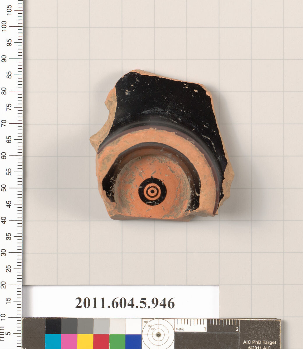 Terracotta fragment of a kylix (drinking cup), Terracotta, Greek, Attic