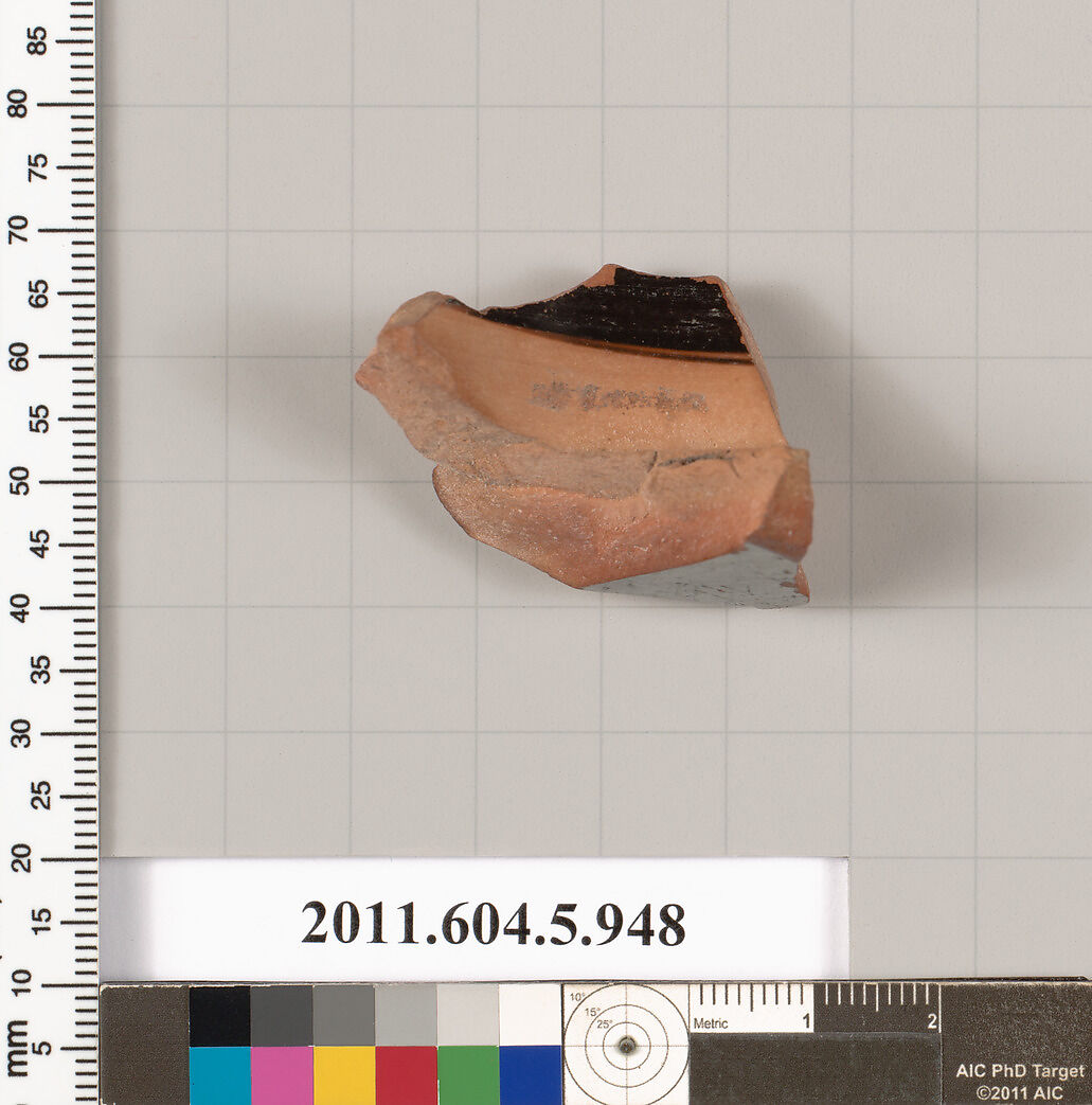 Terracotta fragment of a kylix (drinking cup), Terracotta, Greek, Attic