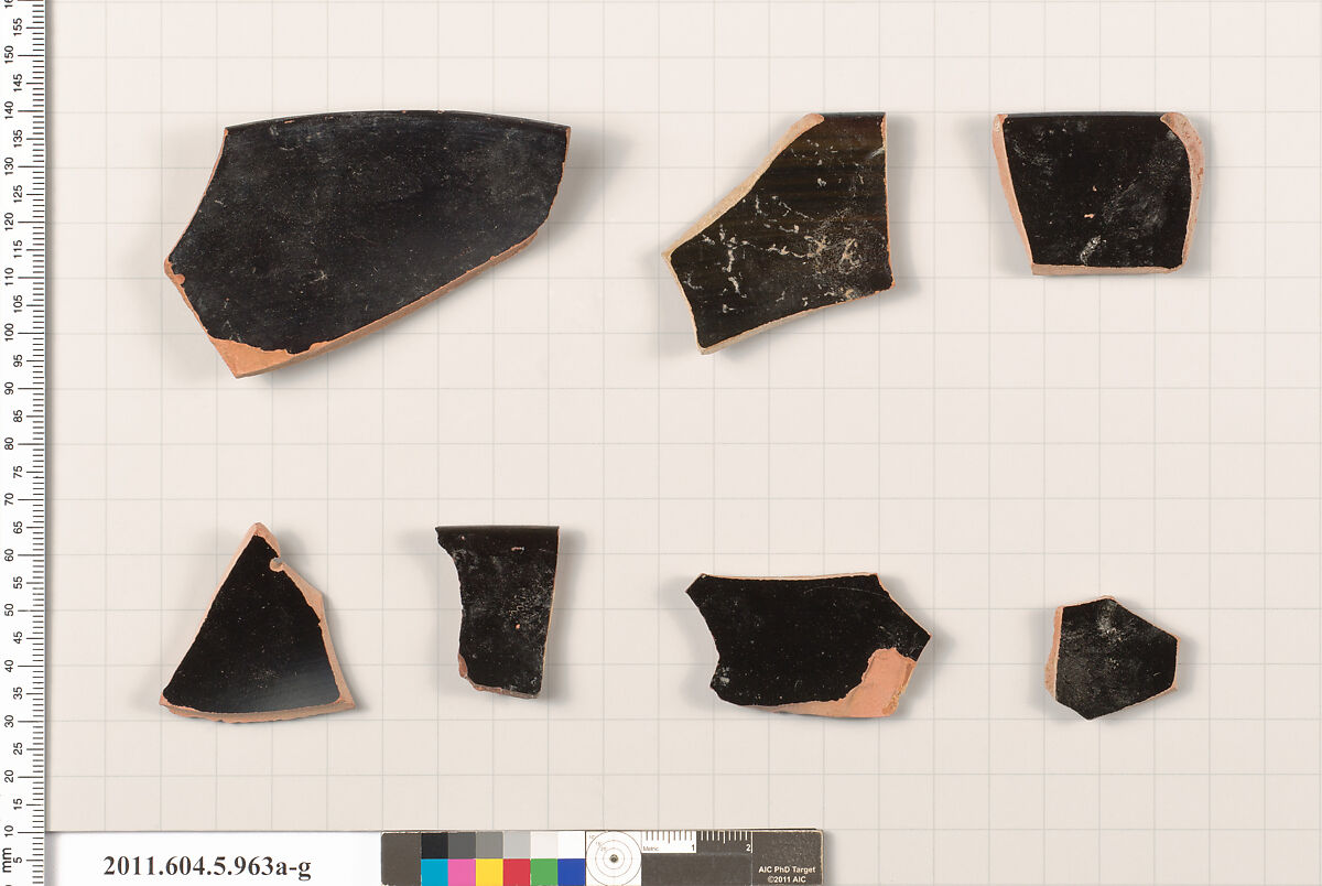 Terracotta fragments of a kylix (drinking cup), Terracotta, Greek, Attic