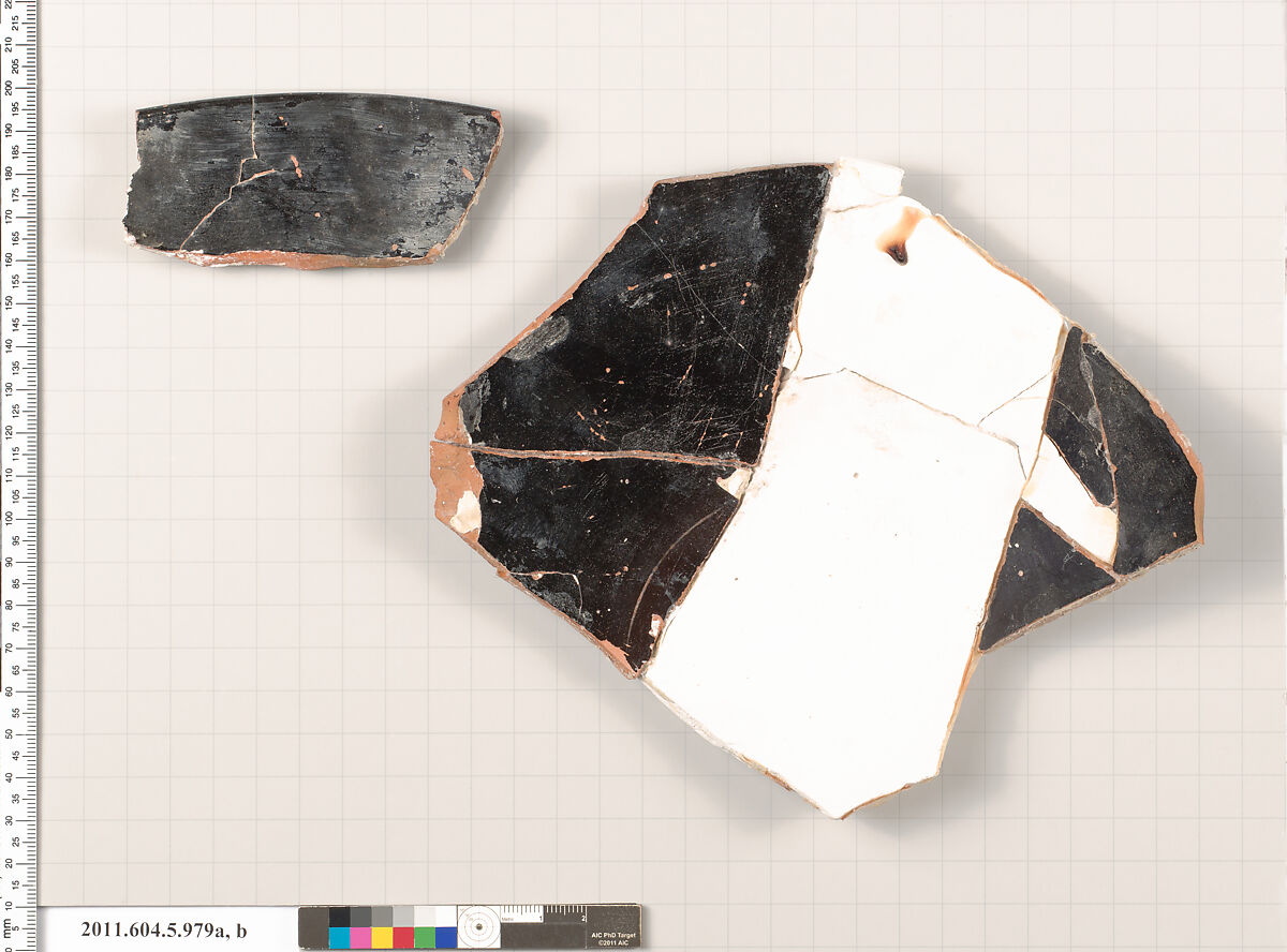 Terracotta fragments of a kylix (drinking cup), Terracotta, Greek, Attic