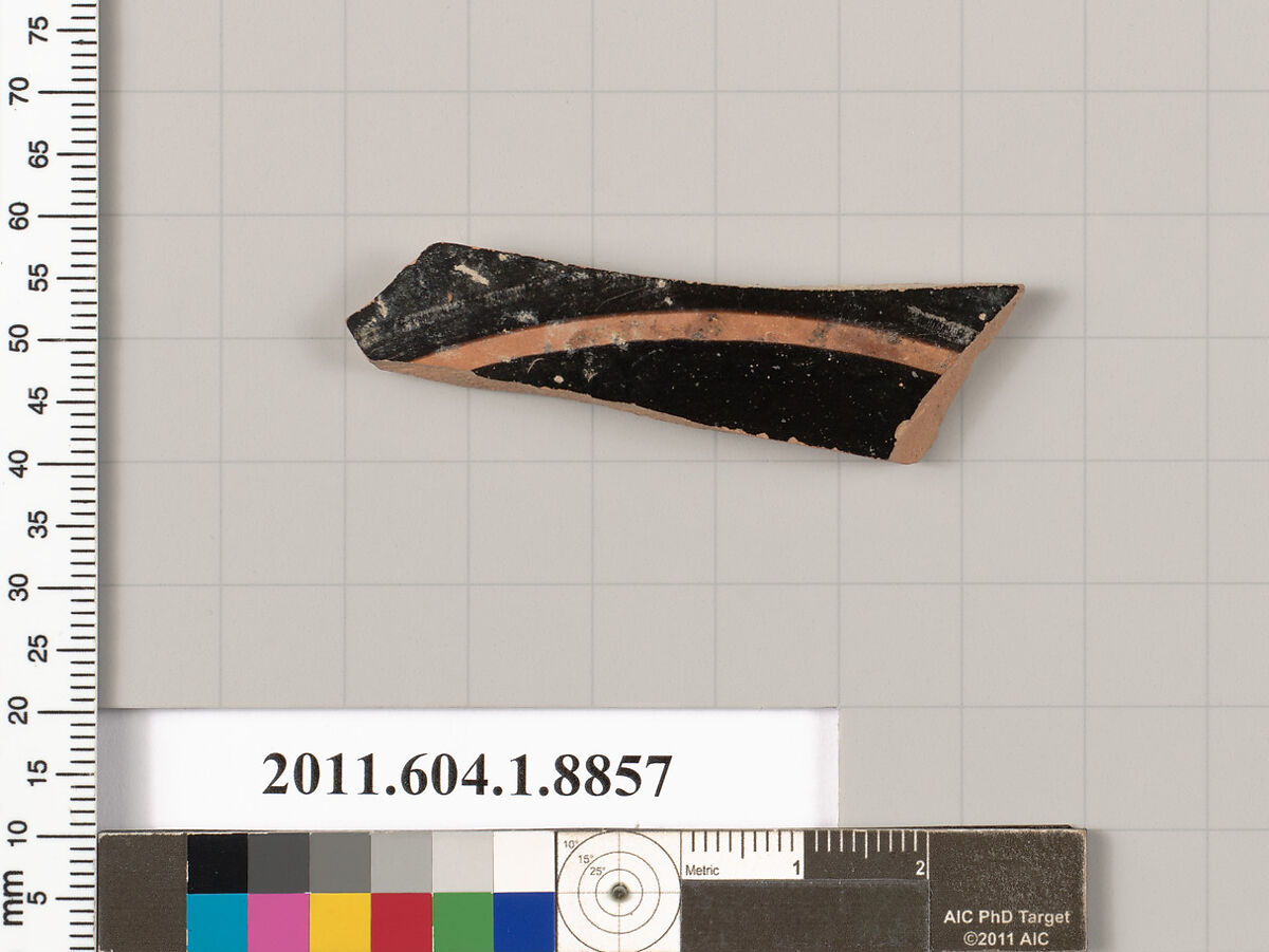 Terracotta fragment of a kylix (drinking cup), Terracotta, Greek, Attic 
