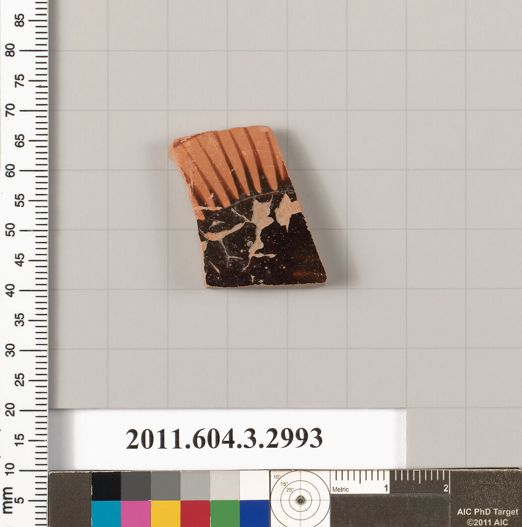 Terracotta fragment of a kylix (drinking cup), Terracotta, Greek, Attic