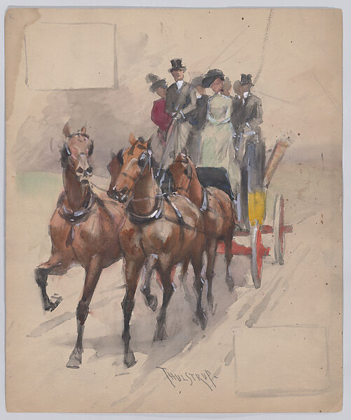 Group of People on a Coach drawn by Four Horses, Thure de Thulstrup (American (born Sweden), Stockholm 1848–1930 United States), Watercolor 