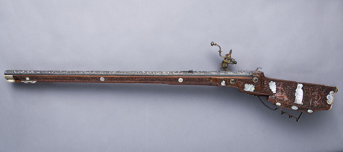 Wheellock Rifle, Master of the Animal-Head Scroll (Meister der Tierkopfranke) (Austrian, active 1624–59), Steel, iron, silver, gold, wood, mother-of-pearl, staghorn, Austrian