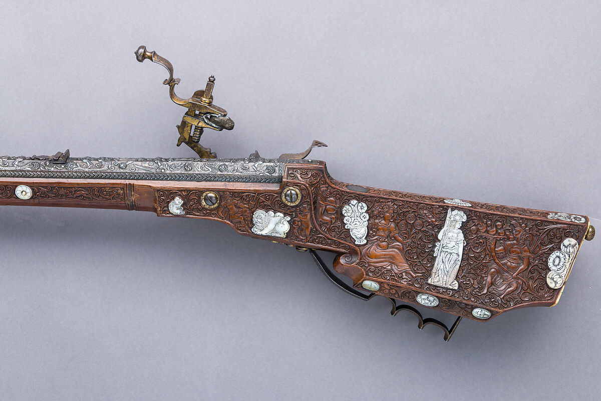 Wheellock Rifle, Master of the Animal-Head Scroll (Meister der Tierkopfranke) (Austrian, active 1624–59), Steel, iron, silver, gold, wood, mother-of-pearl, staghorn, Austrian