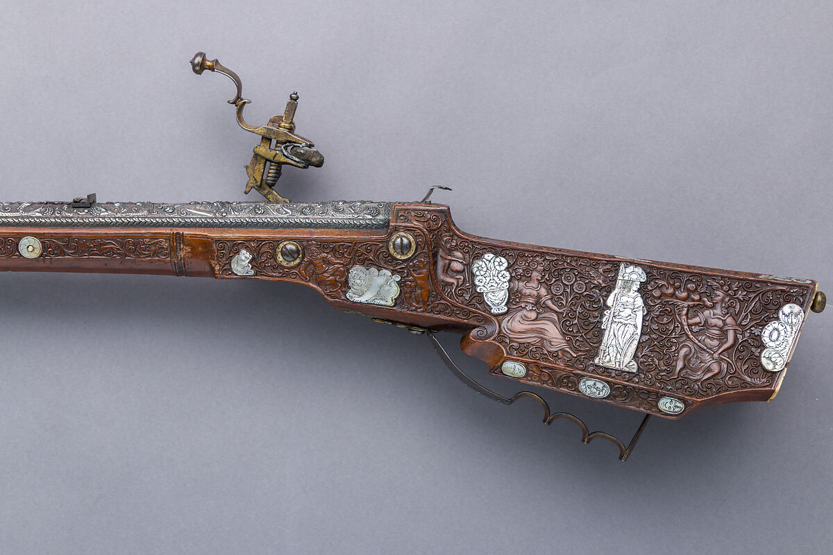 Wheellock Rifle, Master of the Animal-Head Scroll (Meister der Tierkopfranke) (Austrian, active 1624–59), Steel, iron, silver, gold, wood, mother-of-pearl, staghorn, Austrian