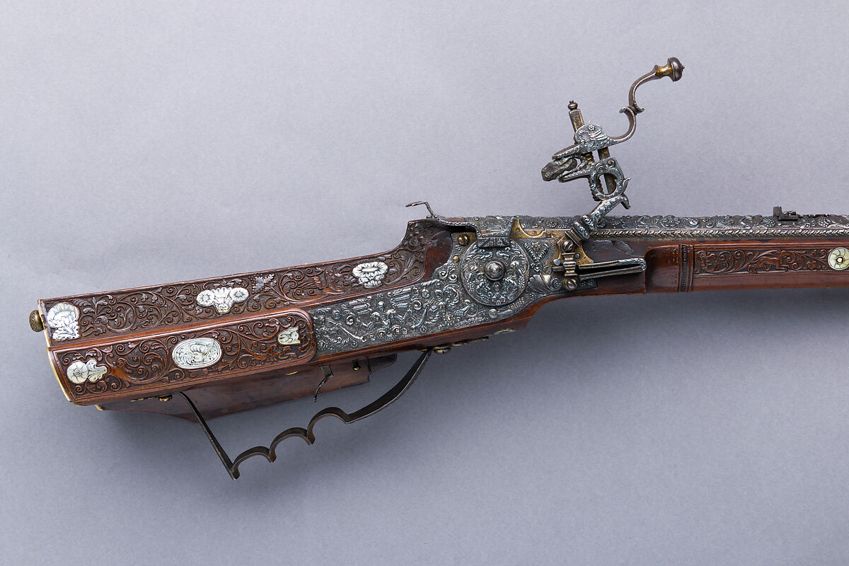 Wheellock Rifle, Master of the Animal-Head Scroll (Meister der Tierkopfranke) (Austrian, active 1624–59), Steel, iron, silver, gold, wood, mother-of-pearl, staghorn, Austrian