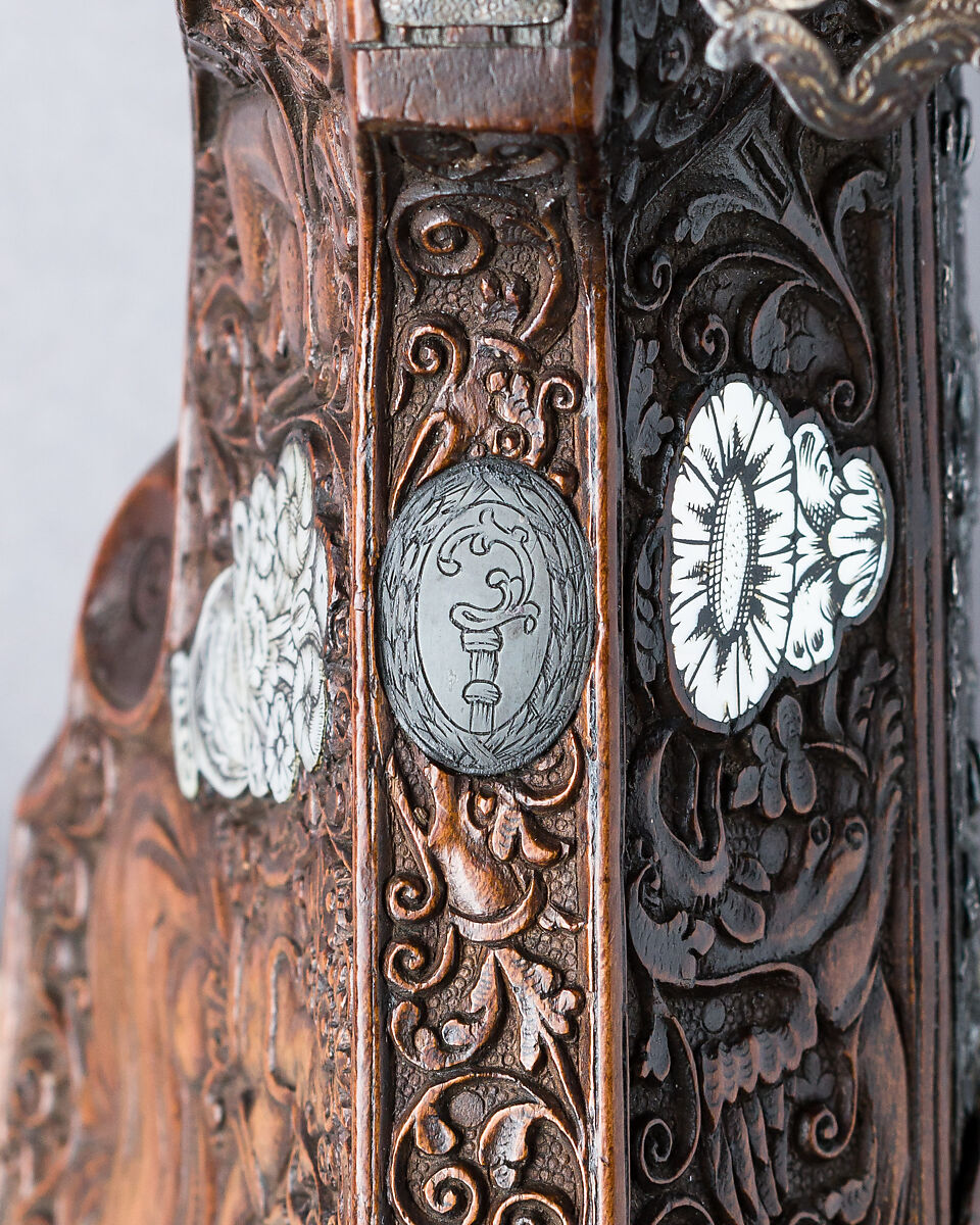 Wheellock Rifle, Master of the Animal-Head Scroll (Meister der Tierkopfranke) (Austrian, active 1624–59), Steel, iron, silver, gold, wood, mother-of-pearl, staghorn, Austrian