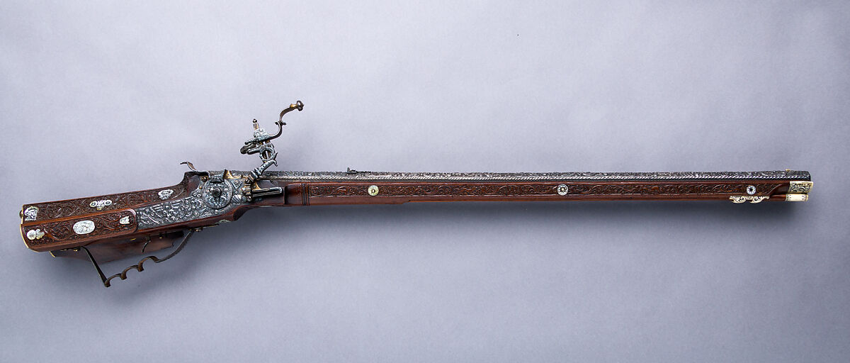 Wheellock Rifle, Master of the Animal-Head Scroll (Meister der Tierkopfranke) (Austrian, active 1624–59), Steel, iron, silver, gold, wood, mother-of-pearl, staghorn, Austrian