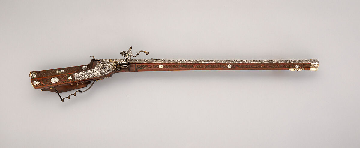 Wheellock Rifle, Master of the Animal-Head Scroll (Meister der Tierkopfranke) (Austrian, active 1624–59), Steel, iron, silver, gold, wood, mother-of-pearl, staghorn, Austrian 