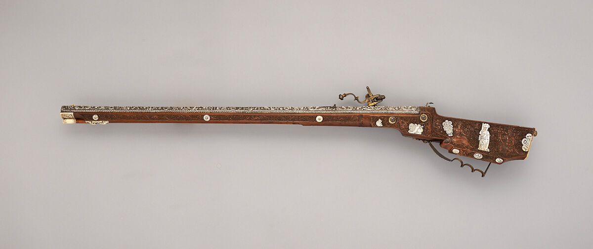 Wheellock Rifle, Master of the Animal-Head Scroll (Meister der Tierkopfranke) (Austrian, active 1624–59), Steel, iron, silver, gold, wood, mother-of-pearl, staghorn, Austrian
