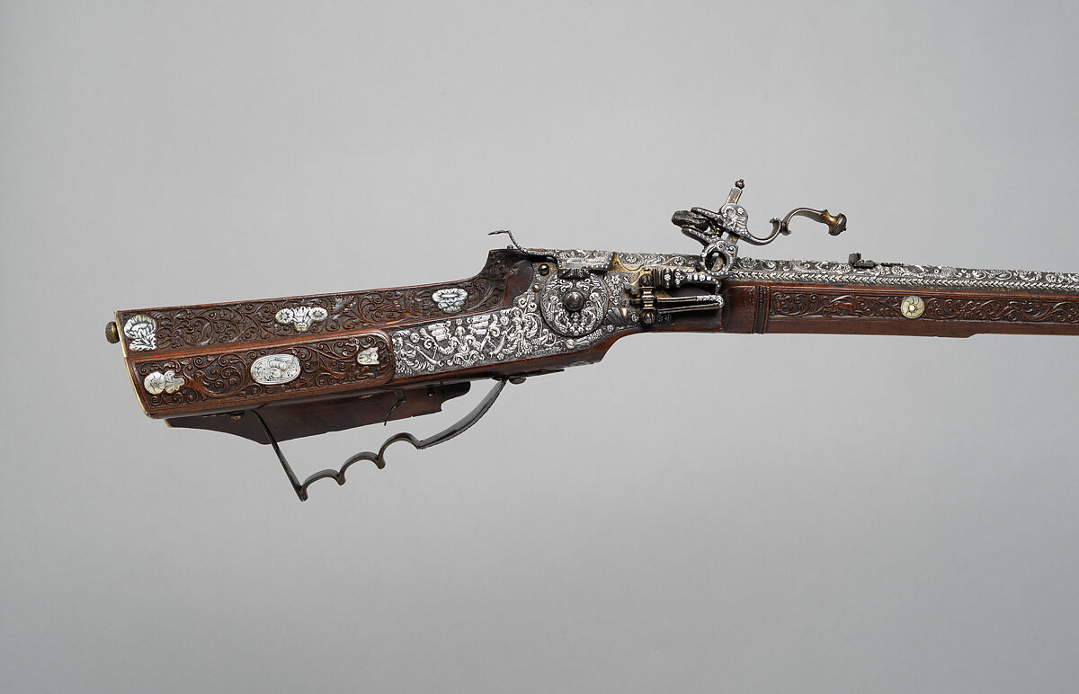 Wheellock Rifle, Master of the Animal-Head Scroll (Meister der Tierkopfranke) (Austrian, active 1624–59), Steel, iron, silver, gold, wood, mother-of-pearl, staghorn, Austrian