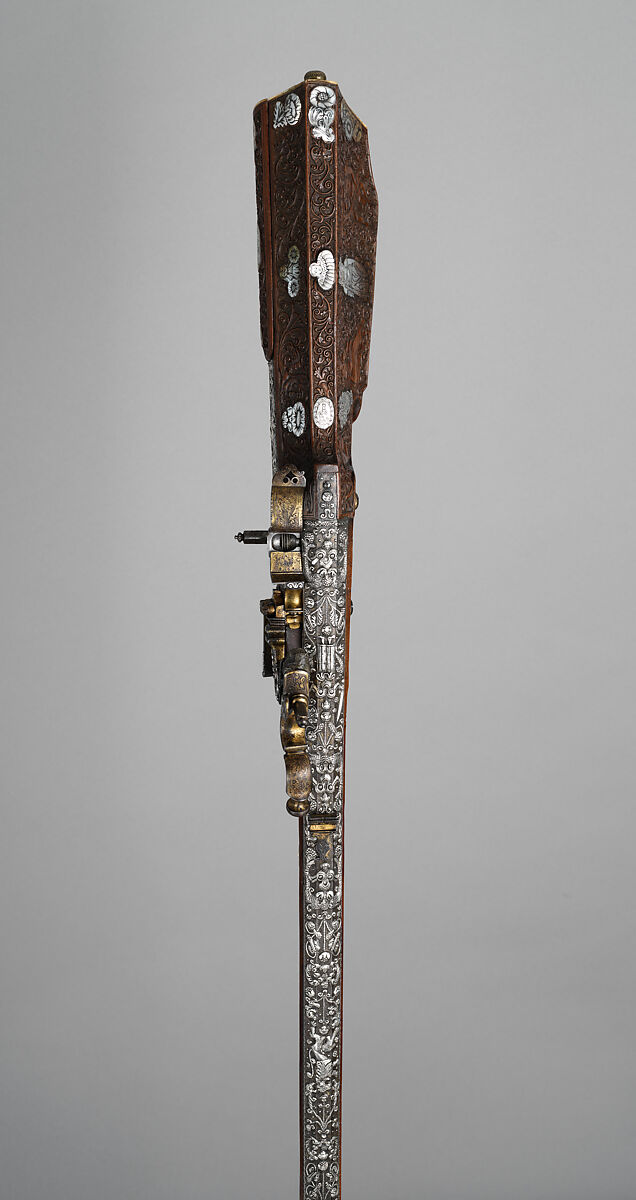 Wheellock Rifle, Master of the Animal-Head Scroll (Meister der Tierkopfranke) (Austrian, active 1624–59), Steel, iron, silver, gold, wood, mother-of-pearl, staghorn, Austrian