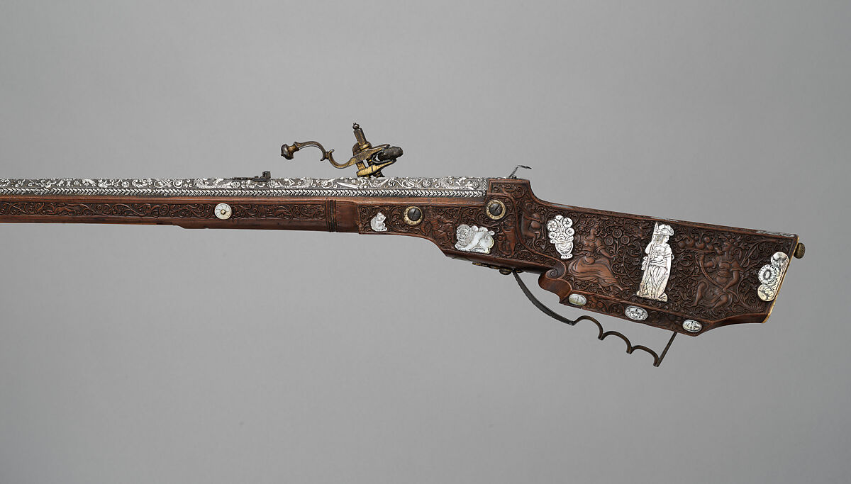 Wheellock Rifle, Master of the Animal-Head Scroll (Meister der Tierkopfranke) (Austrian, active 1624–59), Steel, iron, silver, gold, wood, mother-of-pearl, staghorn, Austrian