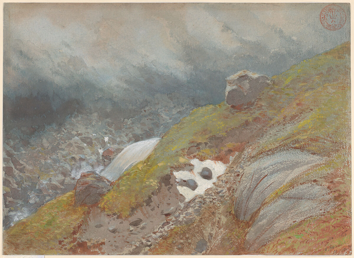 View Above Handeck, Switzerland, Eugène-Emmanuel Viollet-le-Duc (French, Paris 1814–1879 Lausanne), Watercolor heightened with gouache, on blue paper 