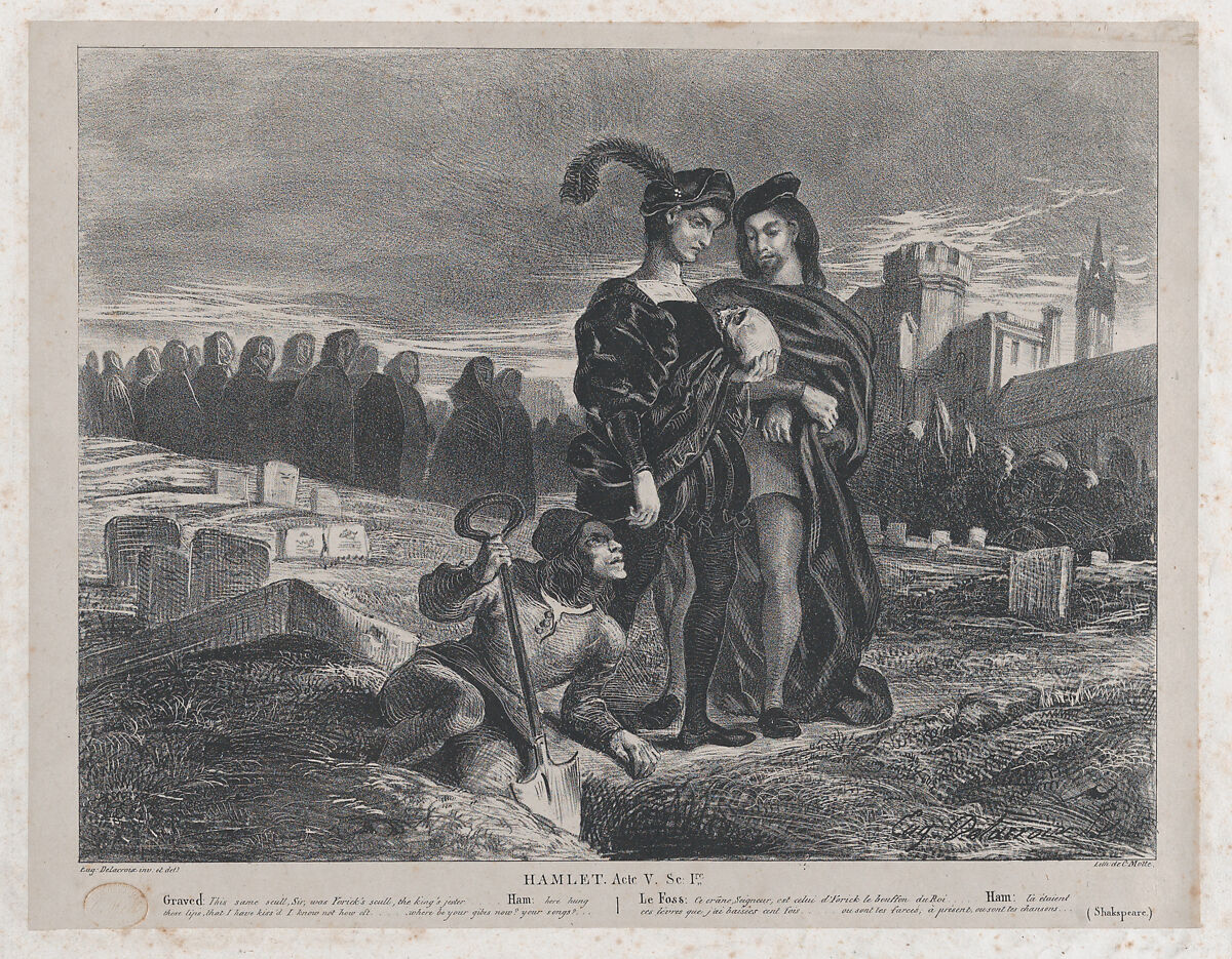 Hamlet Contemplating Yorick’s Skull, Eugène Delacroix (French, Charenton-Saint-Maurice 1798–1863 Paris), Lithograph on chine collé; third state of three 