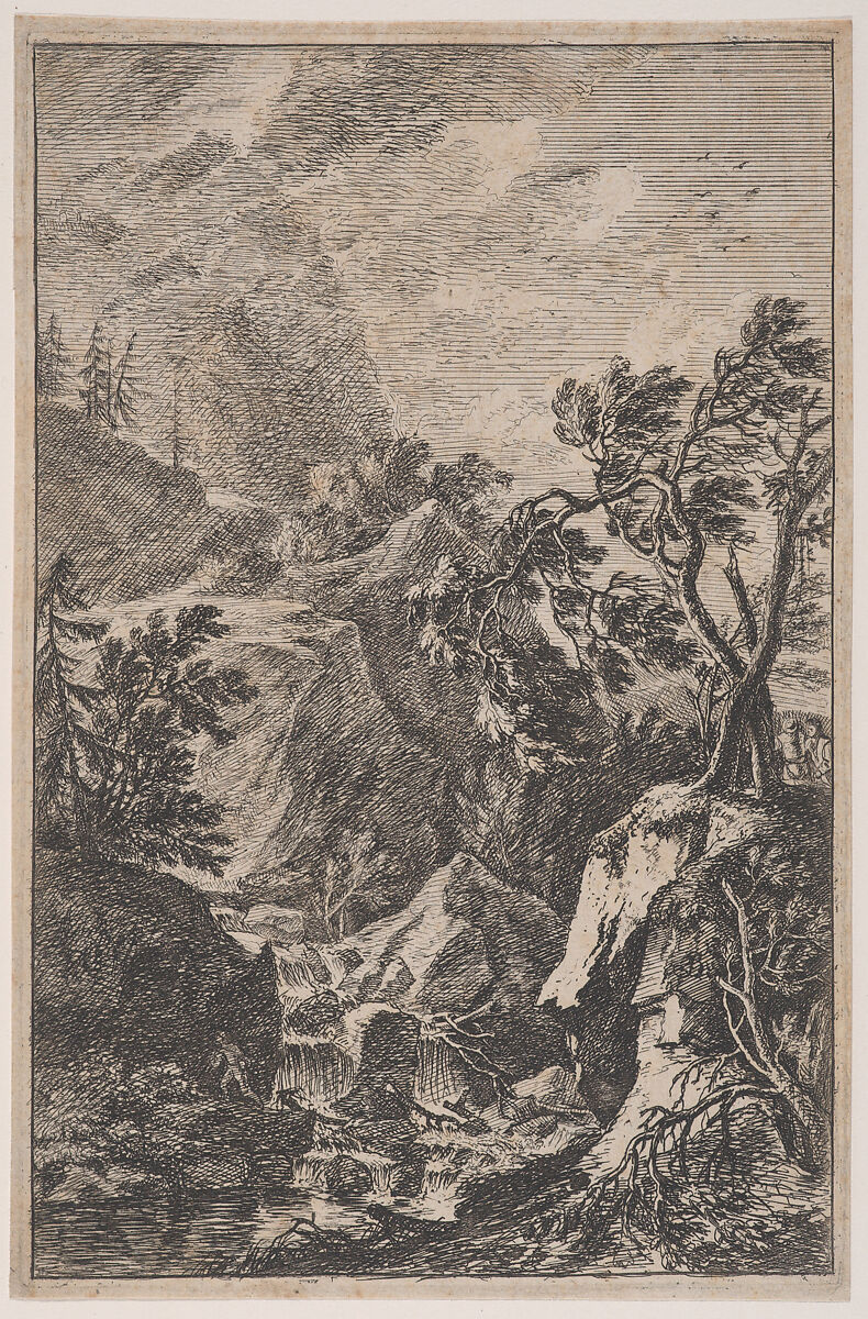 Plate 6: two male figures standing on a rock at right, a waterfall at center with another male figure on its left bank, from 'Landscapes in the manner of Salvator Rosa' (Die Landschaften in Sal. Rosa's), Franz Joachim Beich (German, Ravensburg 1665–1745 Munich), Etching; first state of three 