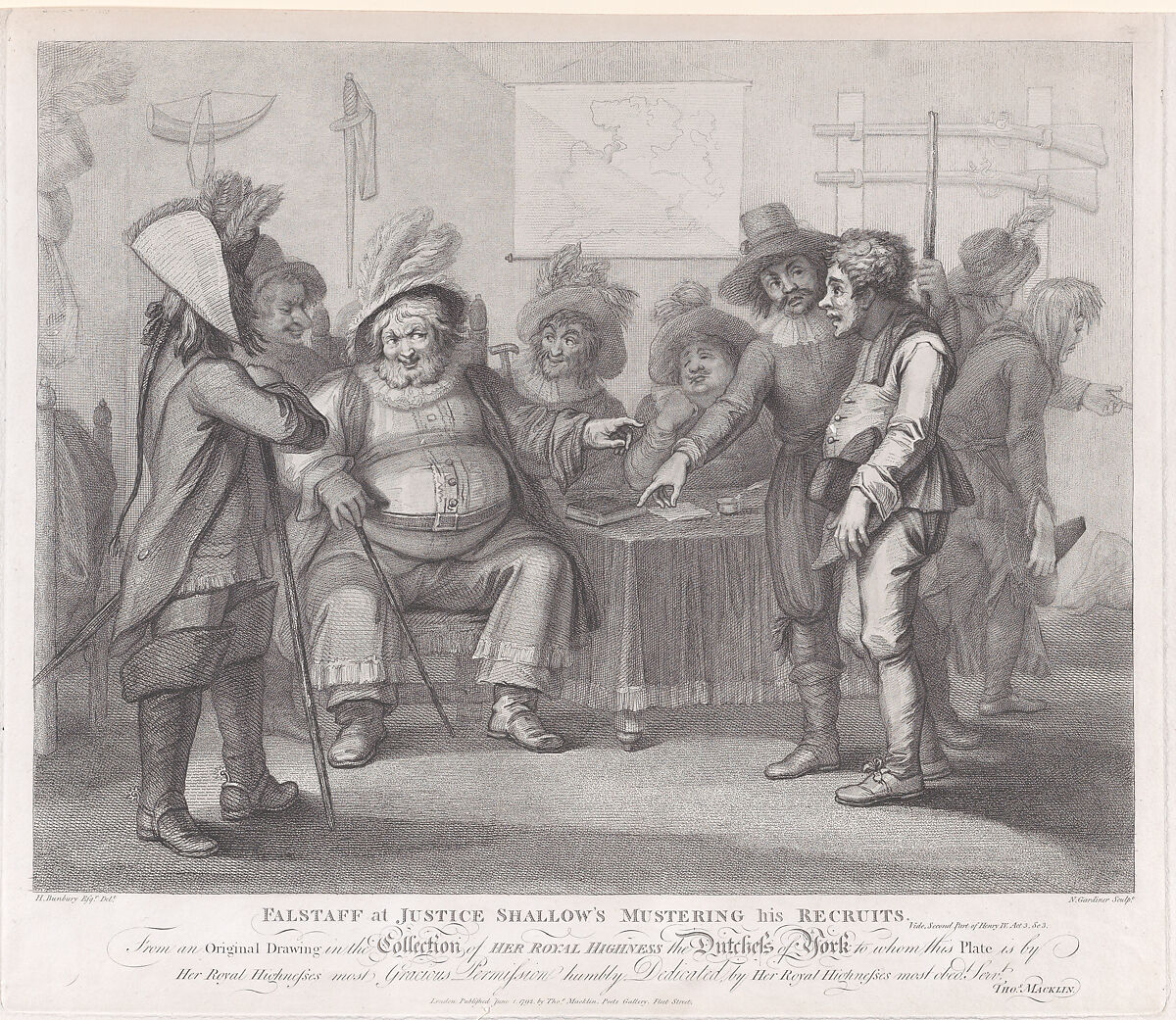 Falstaff at Justice Shallow's Mustering His Recruits (Shakespeare, Henry IV, Part II, Act 3, Scene 2), William Nelson Gardiner (British, Dublin 1766–1814 London), Stipple engraving and etching 