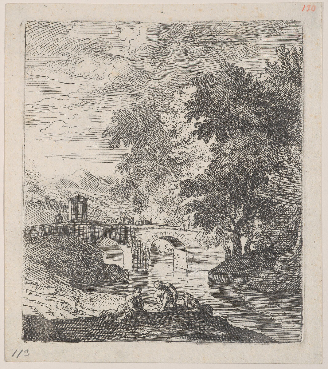 Plate 6: the stone bridge: a shepherd with two cows crossing the bridge, three male figures resting on the riverbank in the foreground, from 'Landscapes in the manner of Gaspar Dughet', Franz Joachim Beich (German, Ravensburg 1665–1745 Munich), Etching; second state of two 
